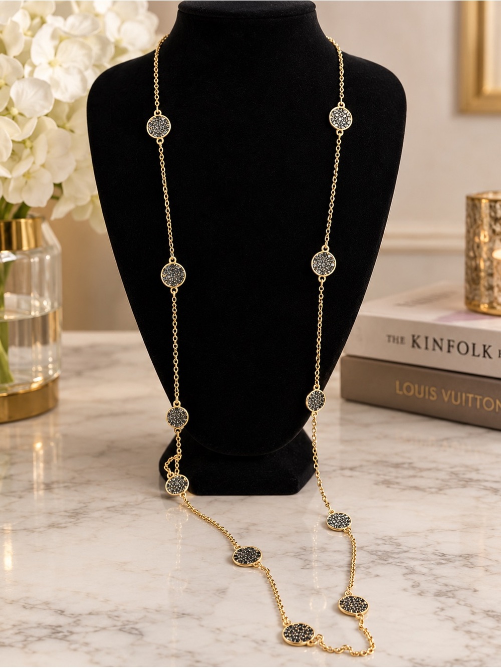 Elegant Gold-Tone Long Necklace with Dark Blue Rhinestone Accents
